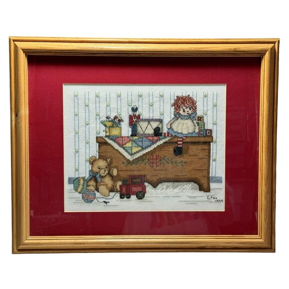 Completed Framed w Mat Cross Stitch Nursery Chest Raggety Ann Teddy Vtg Toys - Picture 1 of 7
